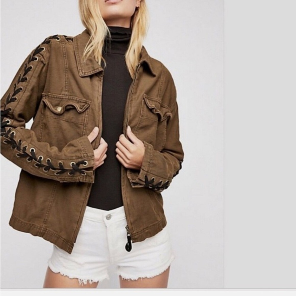 Free People jacket small military lace up olive green Faye grunge